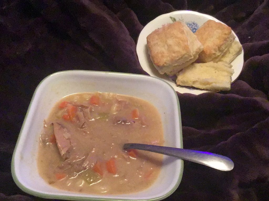 Cost of food going up, having homemade soup and biscuits is a good way to stretch your meat. 